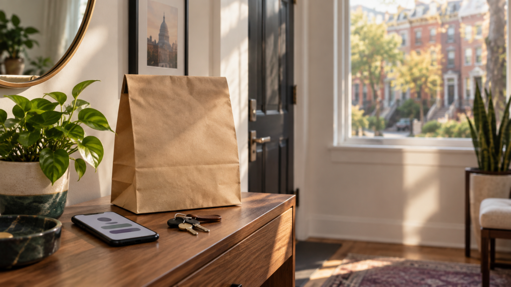Plain delivery bag, phone, and keys in a sunlit Washington, DC apartment entryway